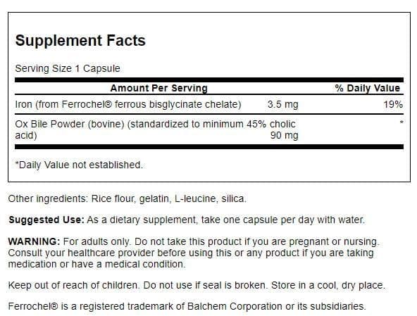 Swanson Ox Bile 90 mg bottle back label