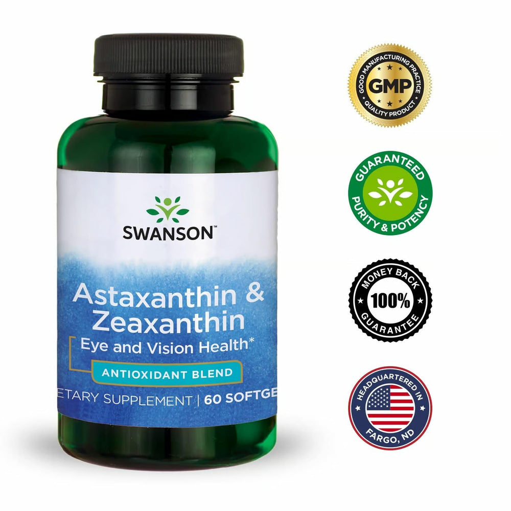 Two 60-softgel Swanson Astaxanthin & Zeaxanthin packaging