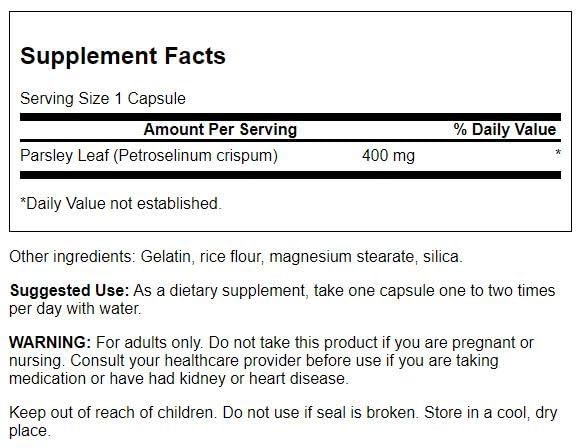 Packaging label of Swanson Parsley Leaf Extract Full-Spectrum formula.