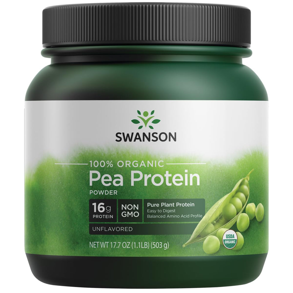 Swanson pea protein powder canister with scoop for high-protein smoothies and shakes.