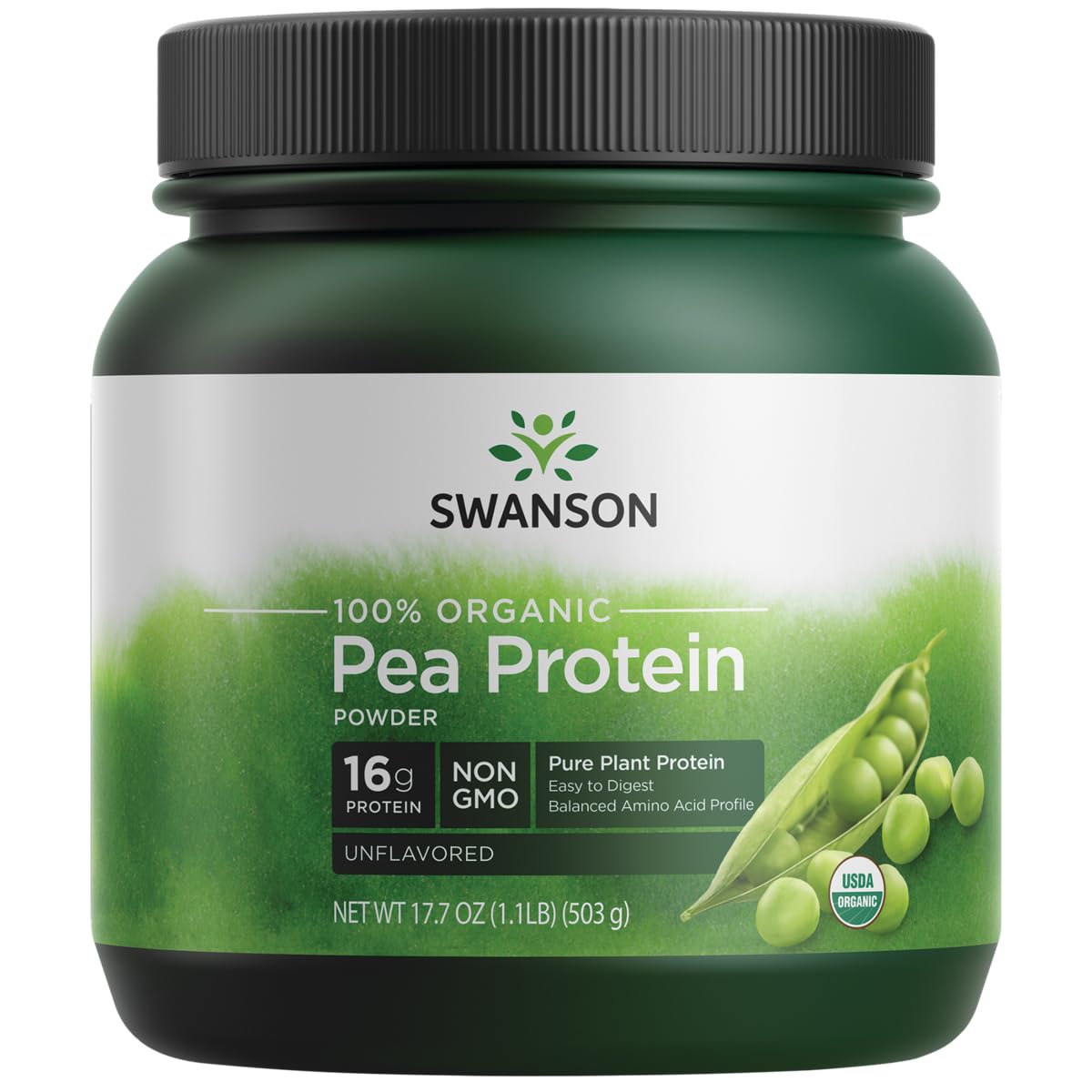 Swanson pea protein powder canister with scoop for high-protein smoothies and shakes.