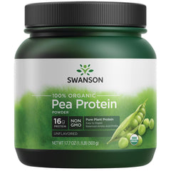 Swanson pea protein powder canister with scoop for high-protein smoothies and shakes.