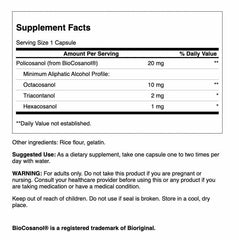 Close-up of Swanson Policosanol bottle label showing 20 mg per capsule