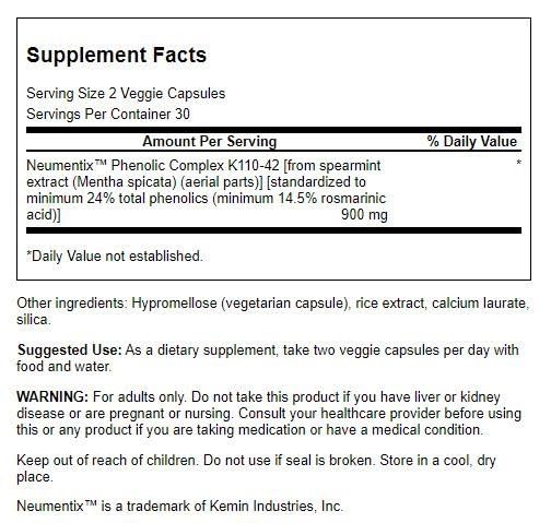 Close-up of Swanson Nootropic Brain Food Neumentix 450 mg label with 60 vegan capsules