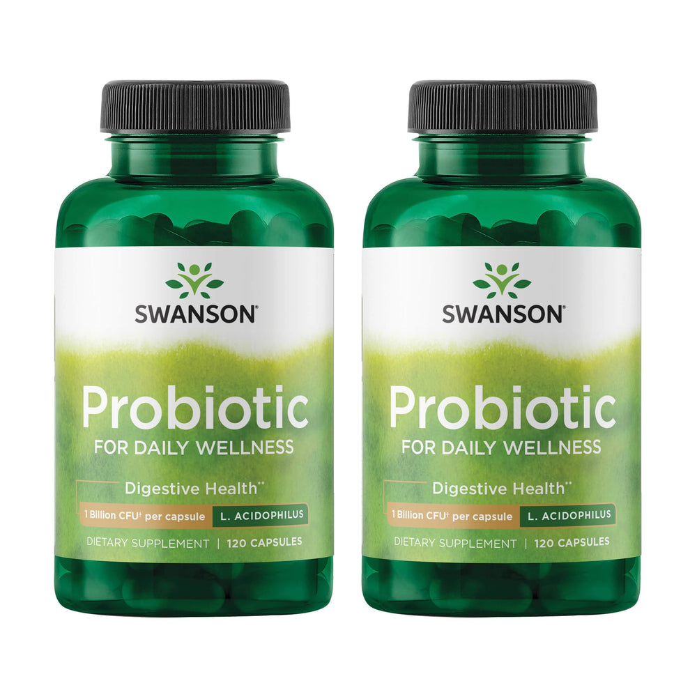 Hero image: Swanson Probiotic bottle showing 120 capsules, 2-pack