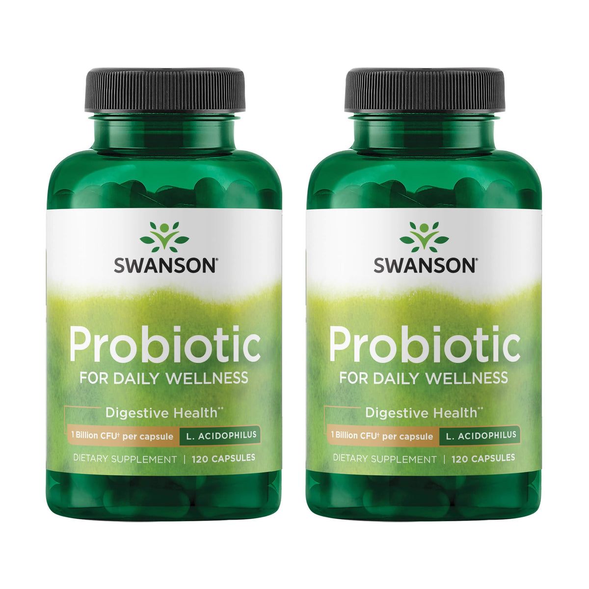 Hero image: Swanson Probiotic bottle showing 120 capsules, 2-pack
