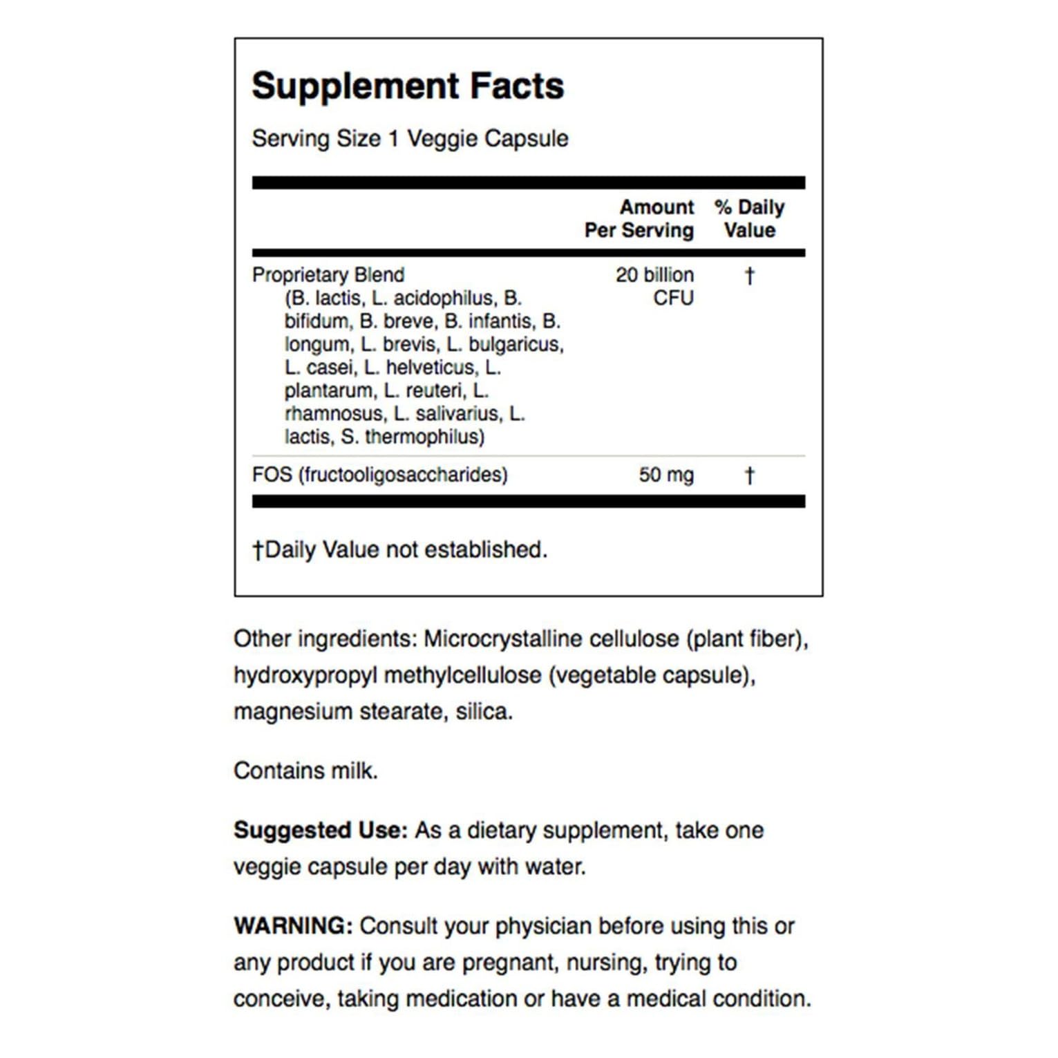 Close-up of Swanson Probiotic label showing 20 Billion CFU and prebiotic FOS