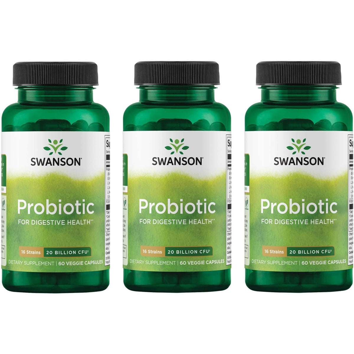 Swanson Probiotic for Digestive Health – 60 Veggie Caps, 20 Billion CFU, 16 Probiotic Strains with Prebiotic FOS (3-Pack)