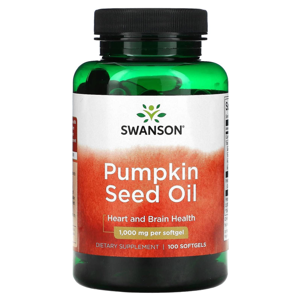Swanson Pumpkin Seed Oil bottle with 100 softgels, 1000mg each