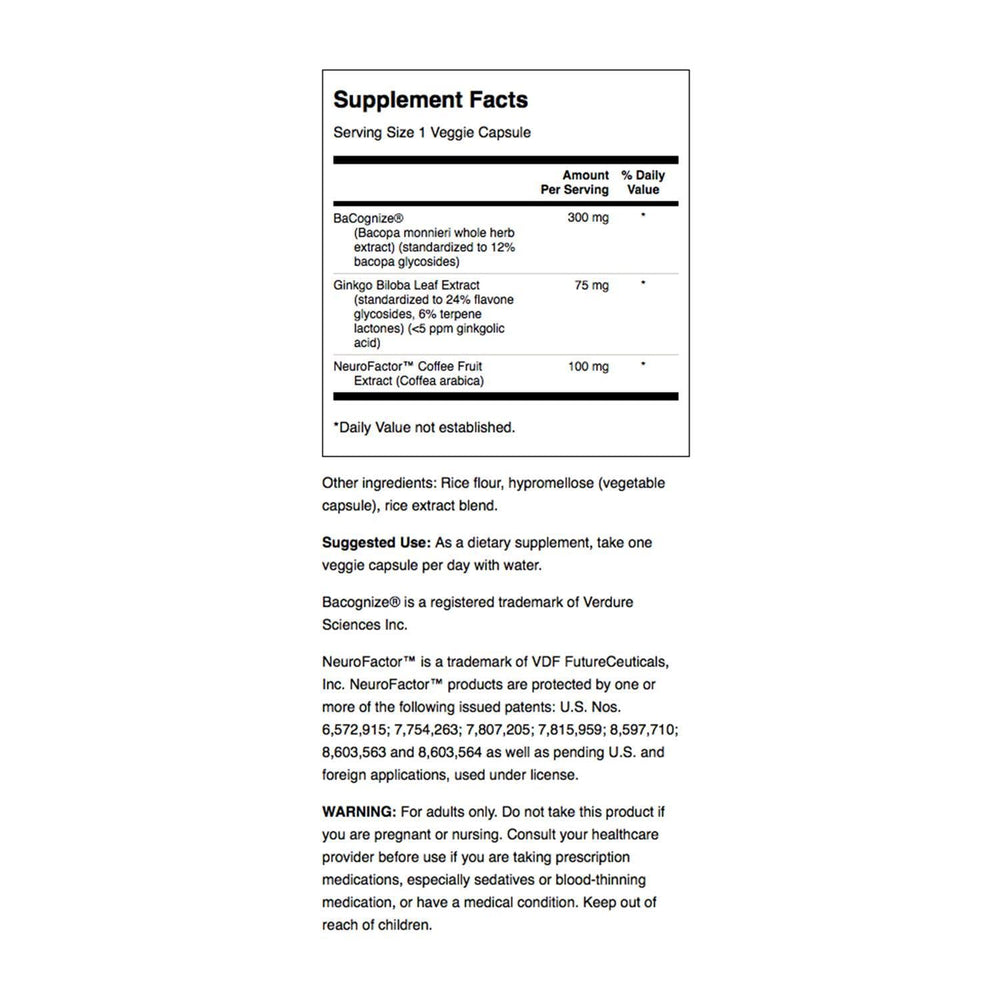 Close-up of ingredients showing Ginkgo biloba and Bacopa monnieri