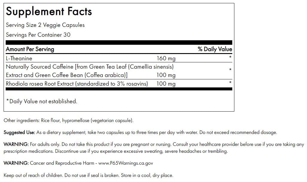 Ingredients blend of Swanson Pure Energy including Rhodiola, green tea caffeine and L-theanine