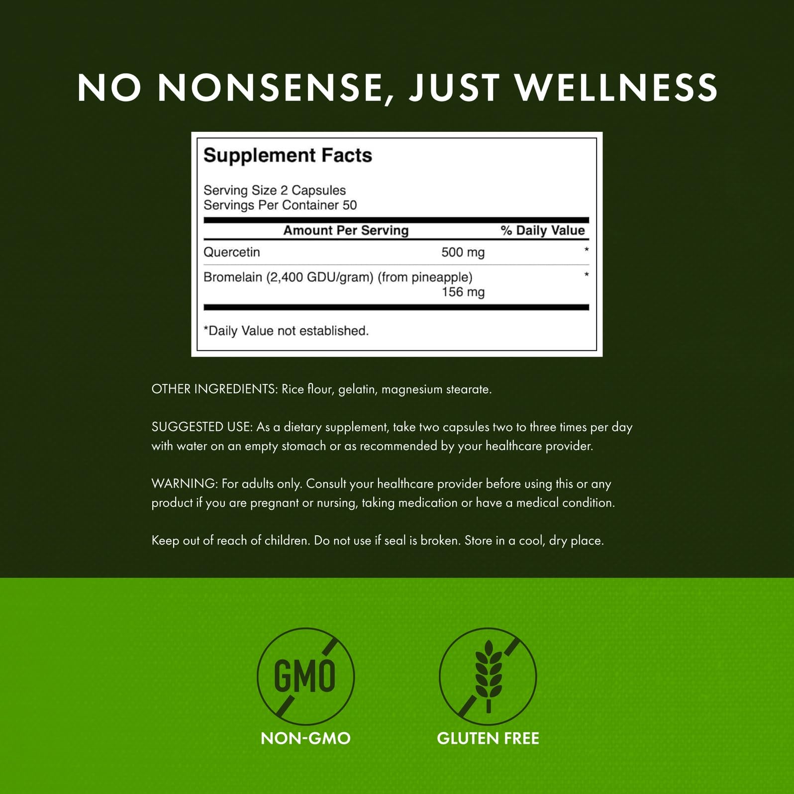 Capsules close-up showing quercetin and bromelain ingredients