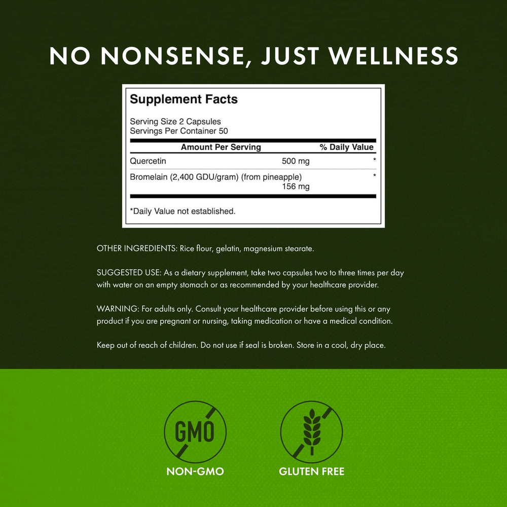 Capsules close-up showing quercetin and bromelain ingredients