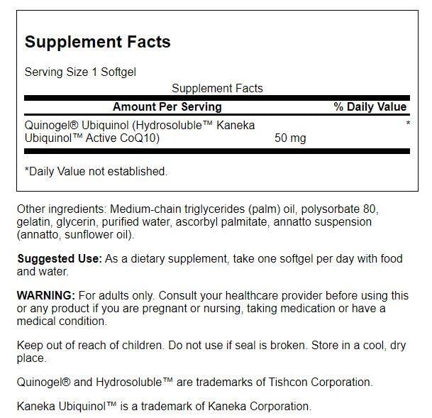 Close-up of Swanson Quinogel Ubiquinol CoQ10 50 mg Softgels packaging
