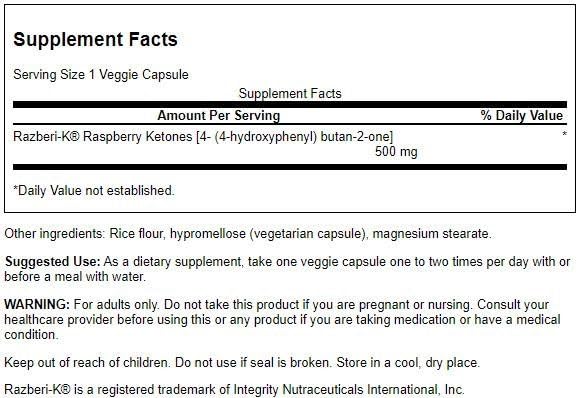 Close-up of Razberi-K raspberry ketone ingredient label on bottle