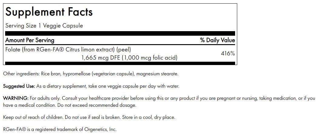 Bottle of Swanson Real Food Folic Acid capsules with Citrus Limón extract – vegan, gluten-free, non-GMO