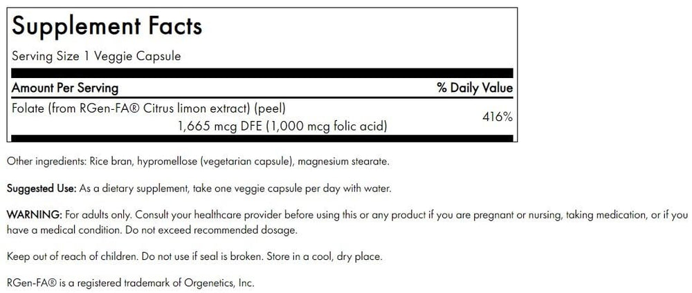 Bottle of Swanson Real Food Folic Acid capsules with Citrus Limón extract – vegan, gluten-free, non-GMO