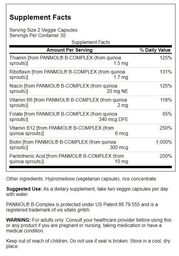 Close-up of Swanson Real Food Vitamin B-Complex 60 Veg Capsules label