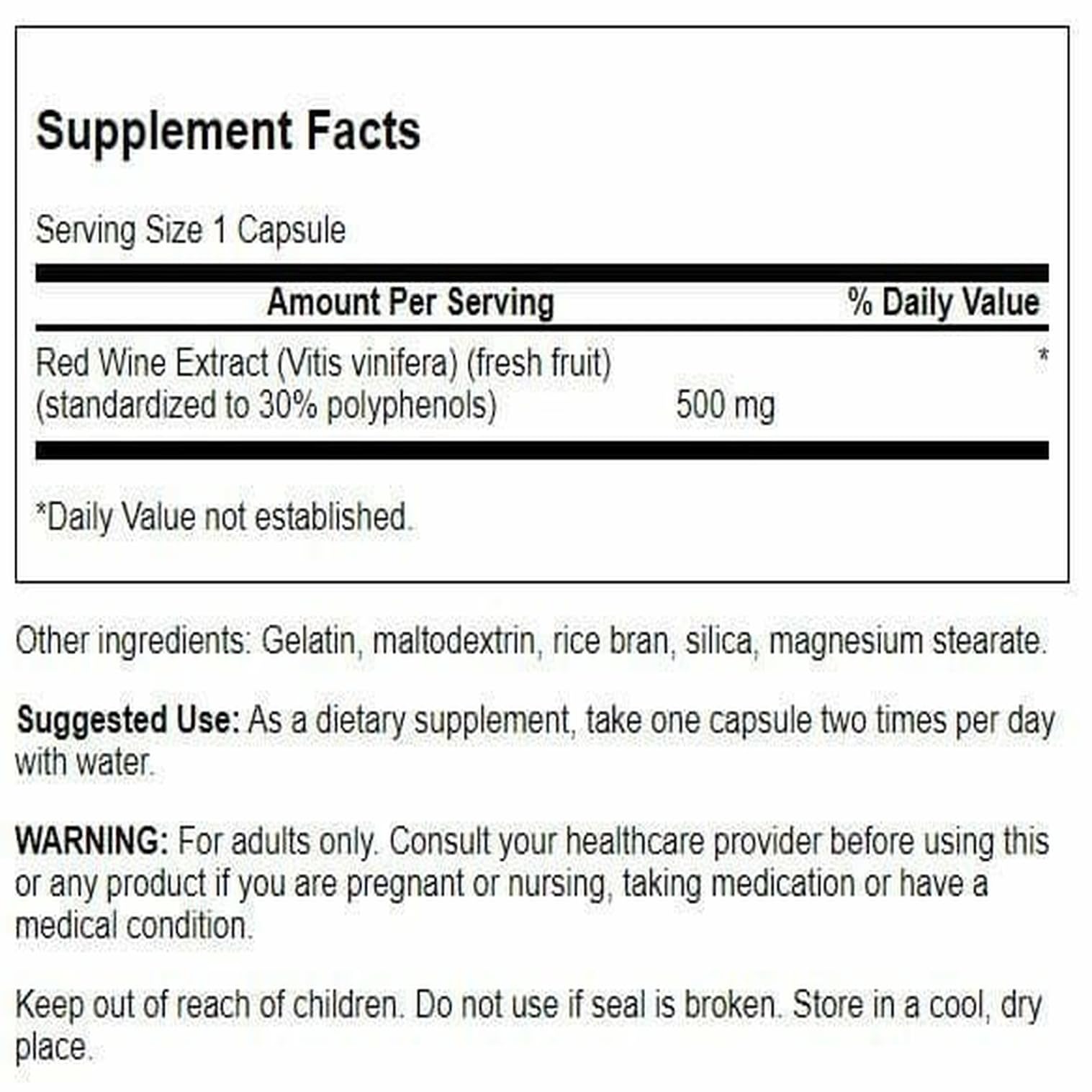 Back label of Swanson Red Wine Extract bottle showing supplement facts