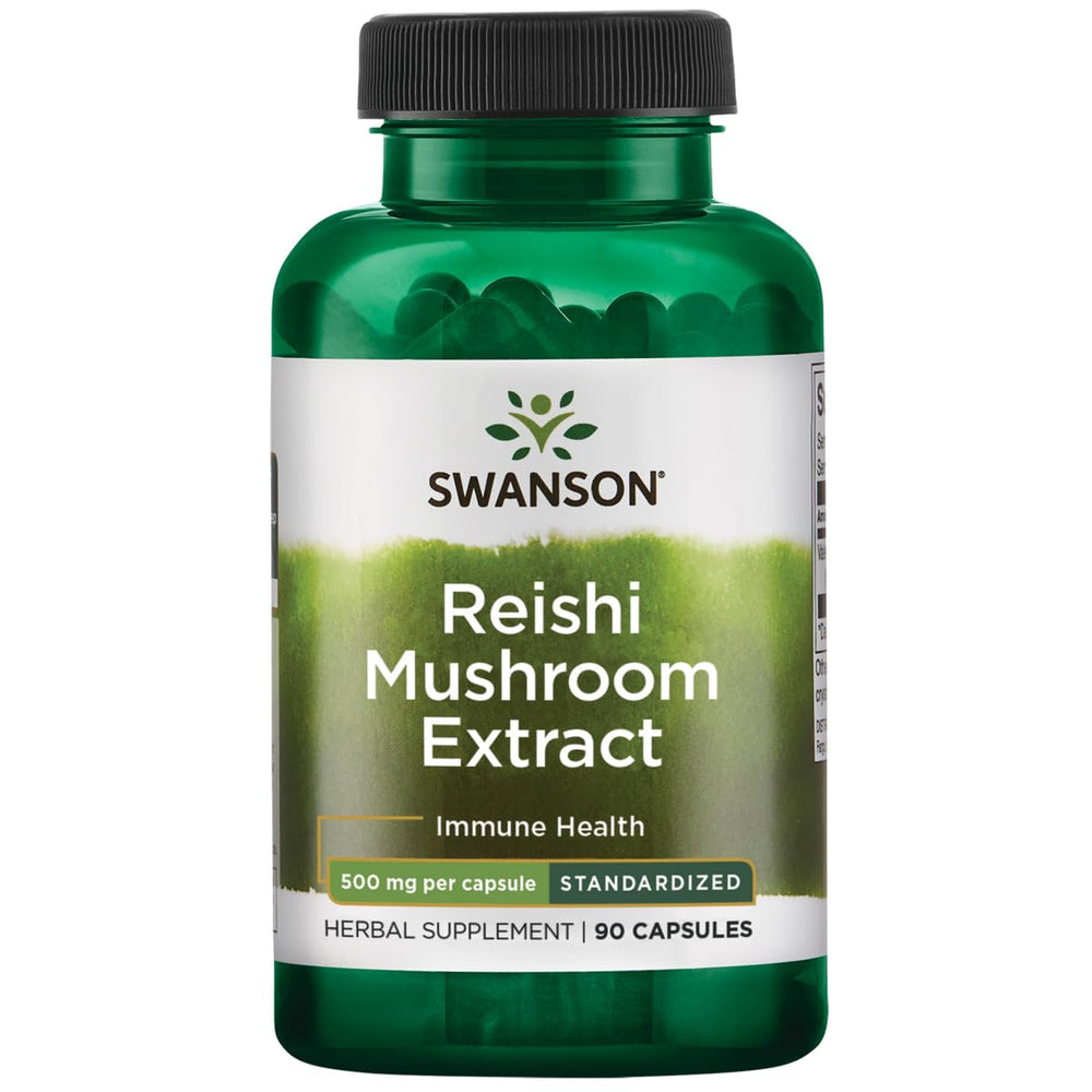Bottle of Swanson Reishi Mushroom Extract 500 mg, 90 capsules – front label