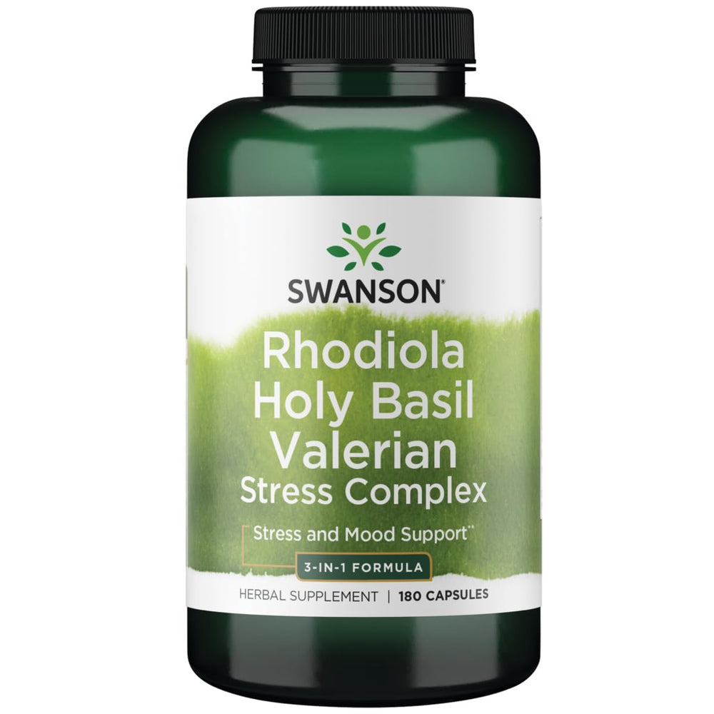 Swanson Rhodiola Holy Basil Valerian Stress Complex bottle - 180 capsules
