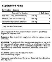 Label close-up showing 225/225/225 mg stress support complex with Rhodiola, Holy Basil and Valerian