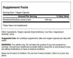 Close-up of Rhodiola Rosea Root capsules showing 400 mg per capsule