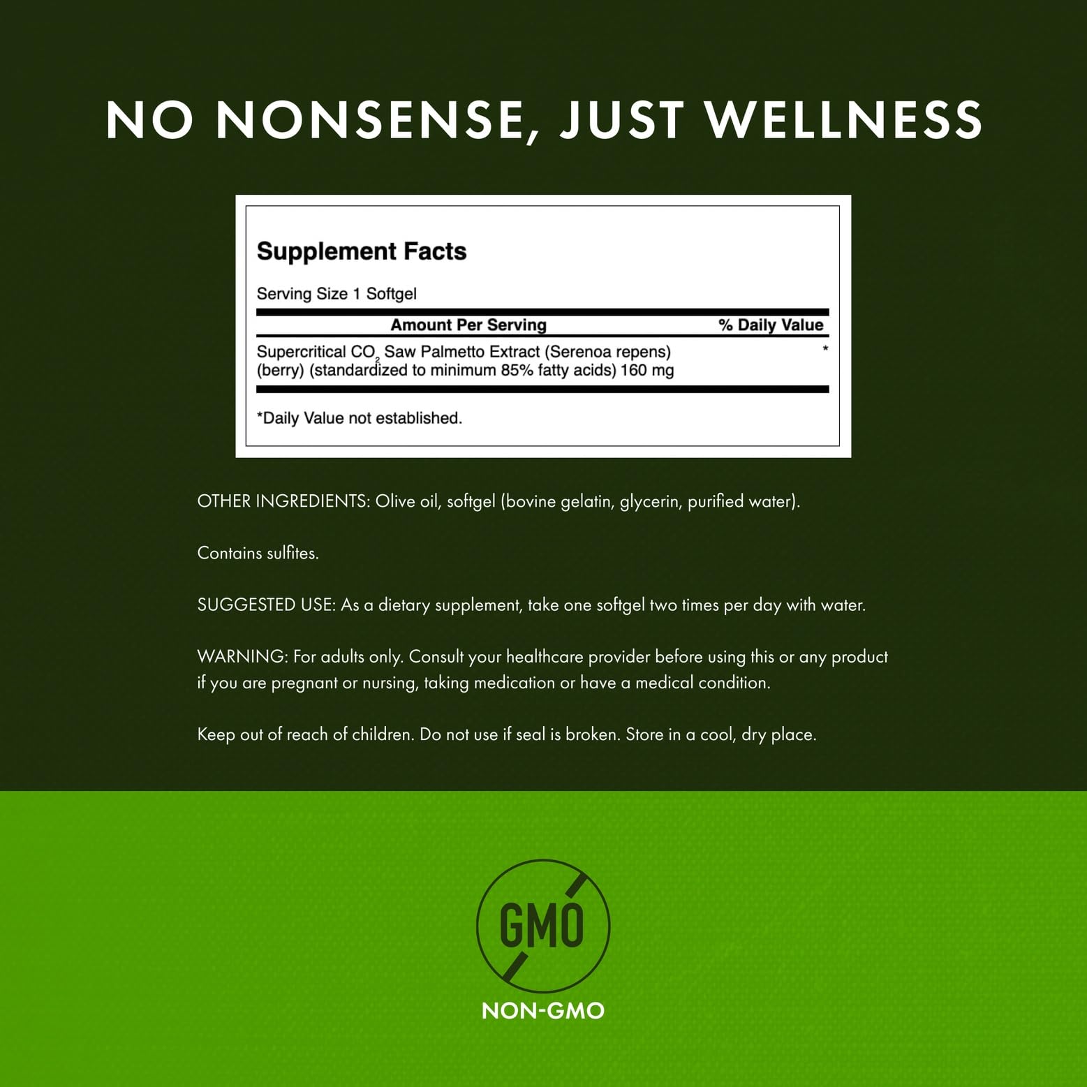 Close-up of Swanson Saw Palmetto 160 mg bottle front label