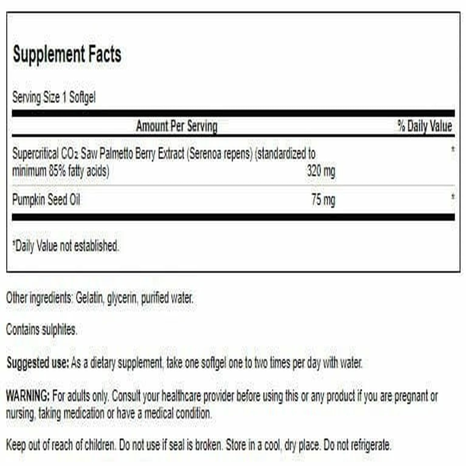 Close-up of Saw Palmetto 320 mg label on bottle