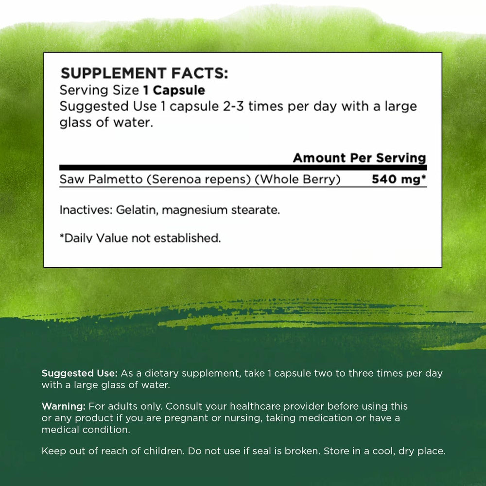 Close-up of Saw Palmetto label showing 540 mg per capsule