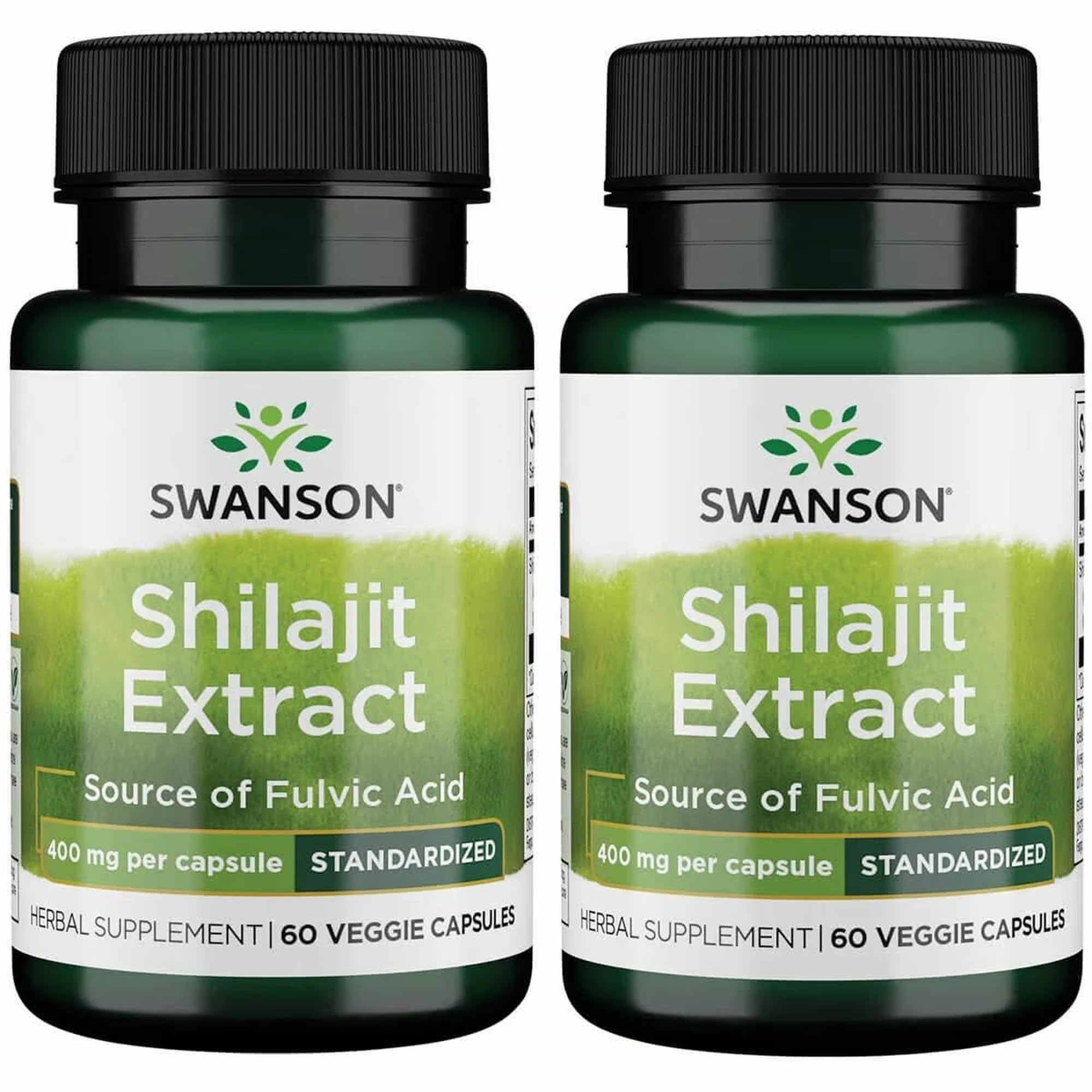 Front view of Swanson Shilajit Extract 400 mg, 60 vegan capsules in a 2-pack