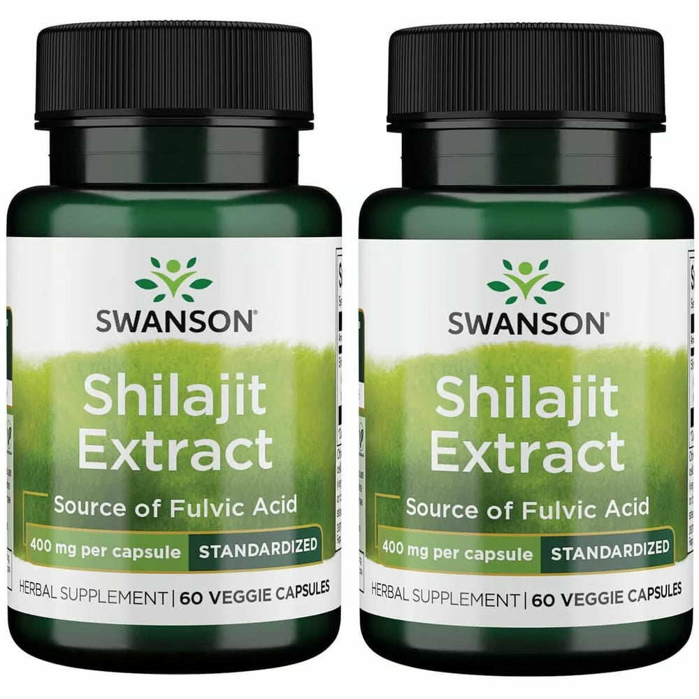 Front view of Swanson Shilajit Extract 400 mg, 60 vegan capsules in a 2-pack