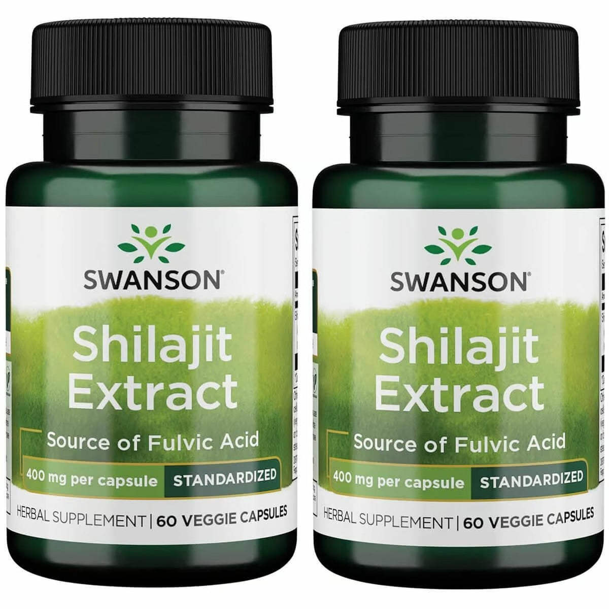 Front view of Swanson Shilajit Extract 400 mg, 60 vegan capsules in a 2-pack