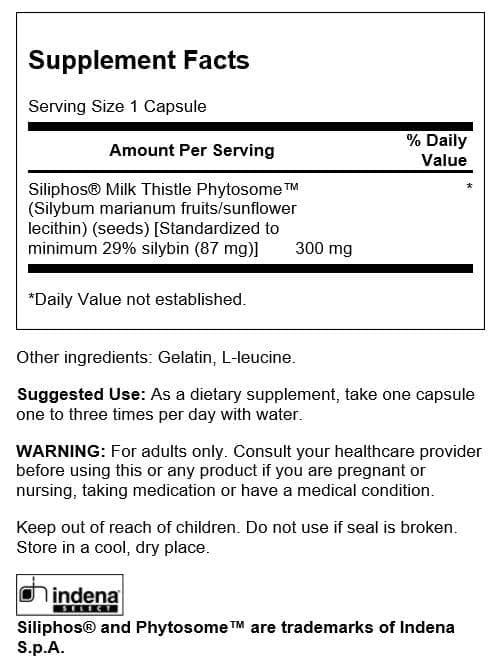 Close-up of bottle label showing 29% silibin Siliphos standardization