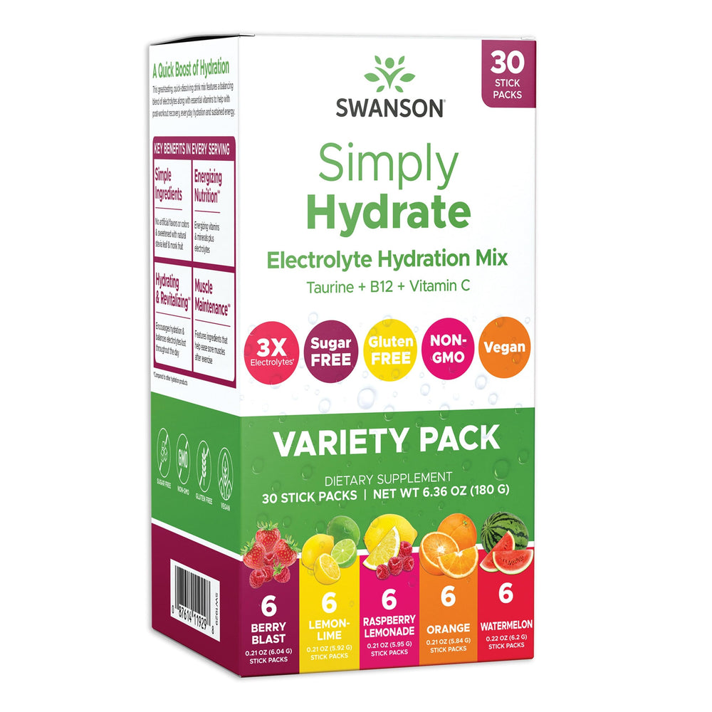Front view of Swanson Simply Hydrate Sugar-Free Variety Pack box