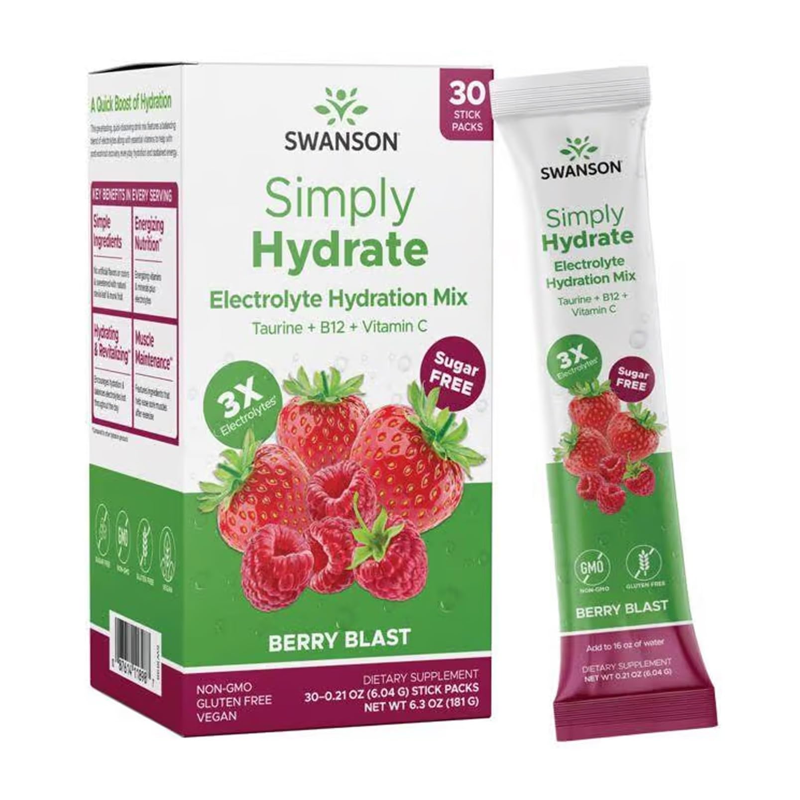 Swanson Simply Hydrate Berry Blast packet for on-the-go hydration.