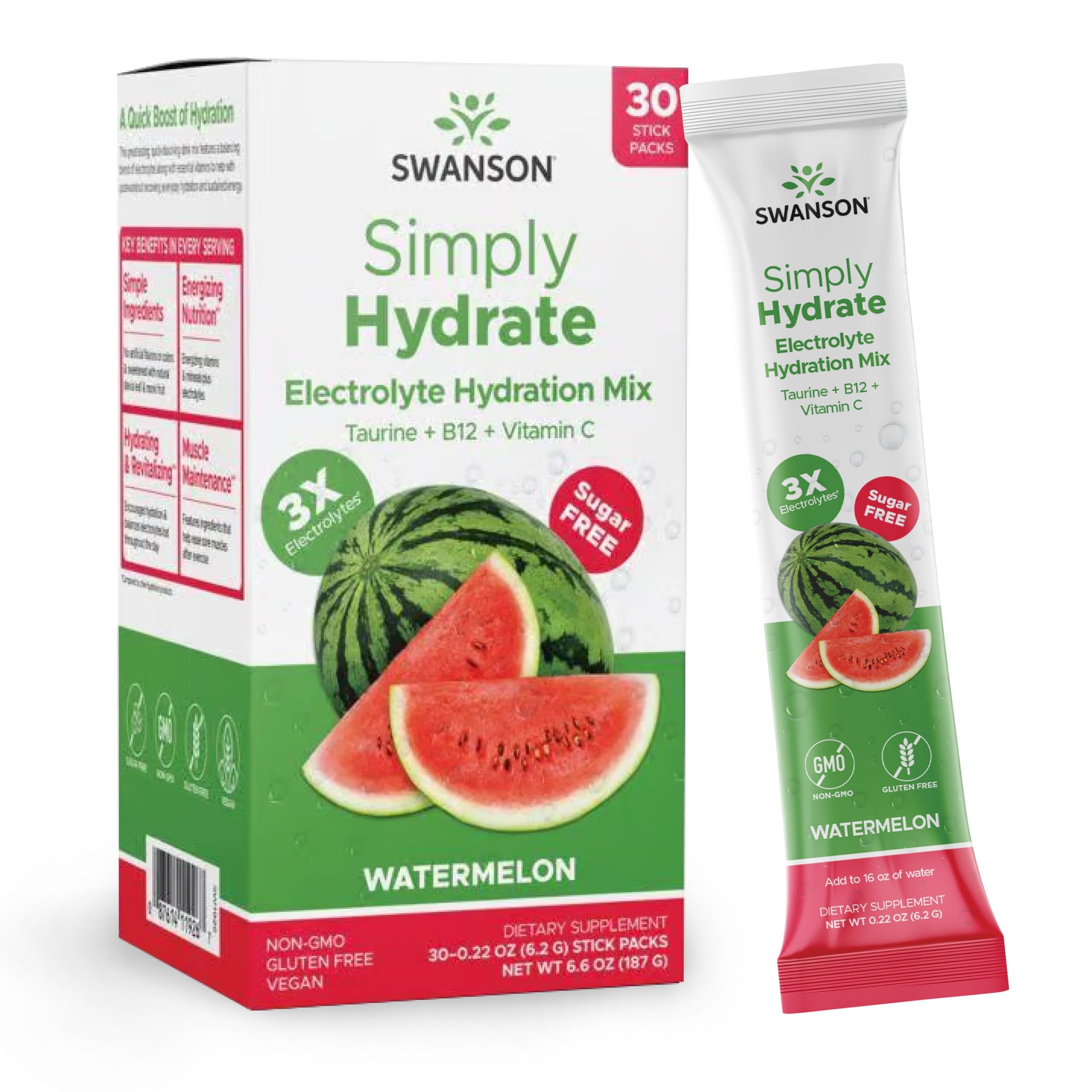Swanson Simply Hydrate Electrolyte Mix watermelon flavor box with 30 packets