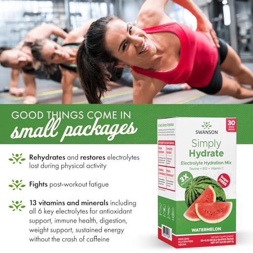 Close-up of Swanson Simply Hydrate electrolyte mix watermelon packets