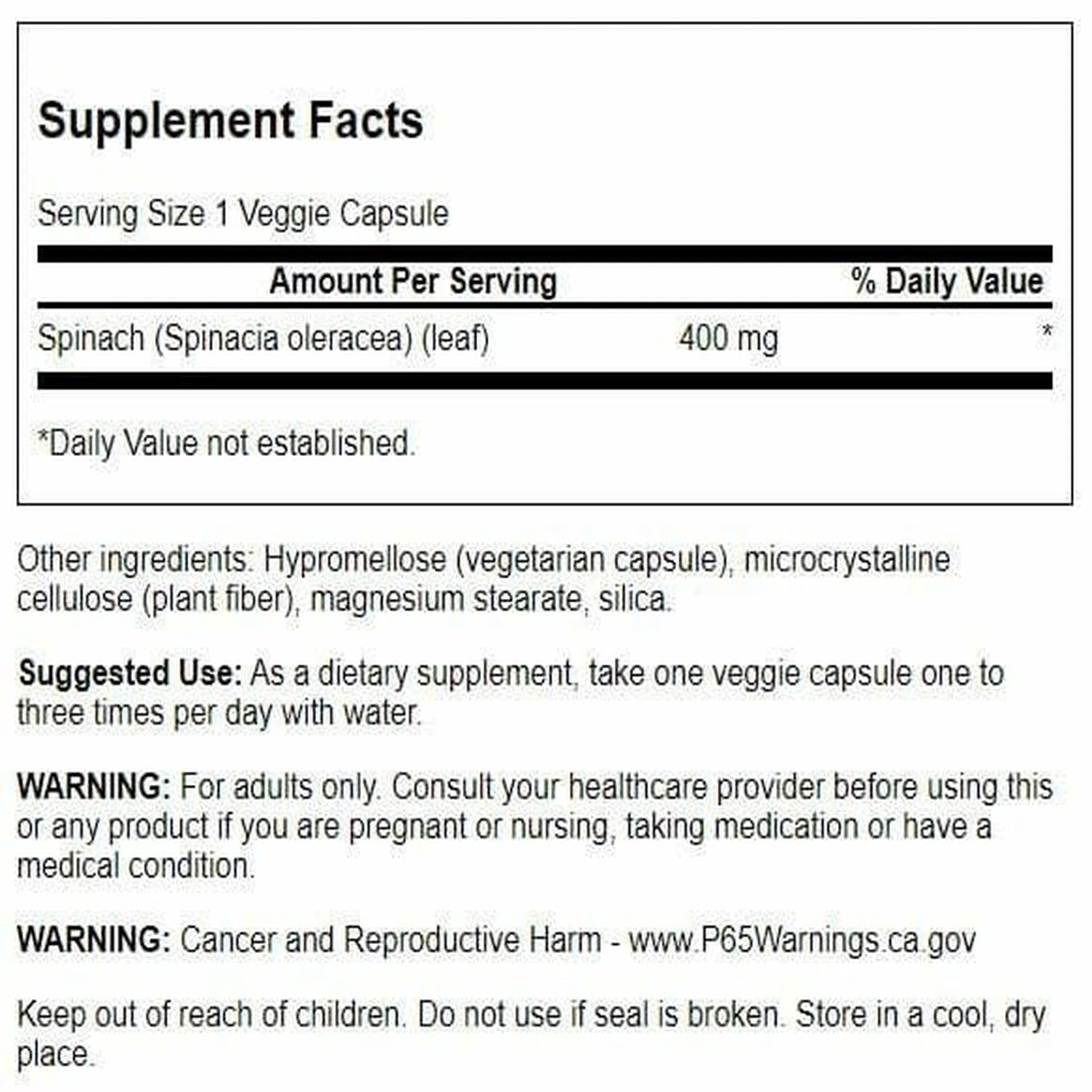 Back view of Swanson spinach leaf bottle showing supplement facts