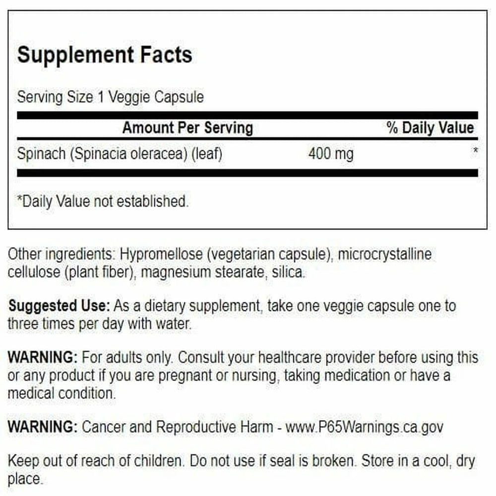 Back view of Swanson spinach leaf bottle showing supplement facts