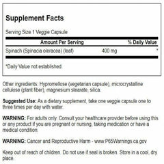Back view of Swanson spinach leaf bottle showing supplement facts