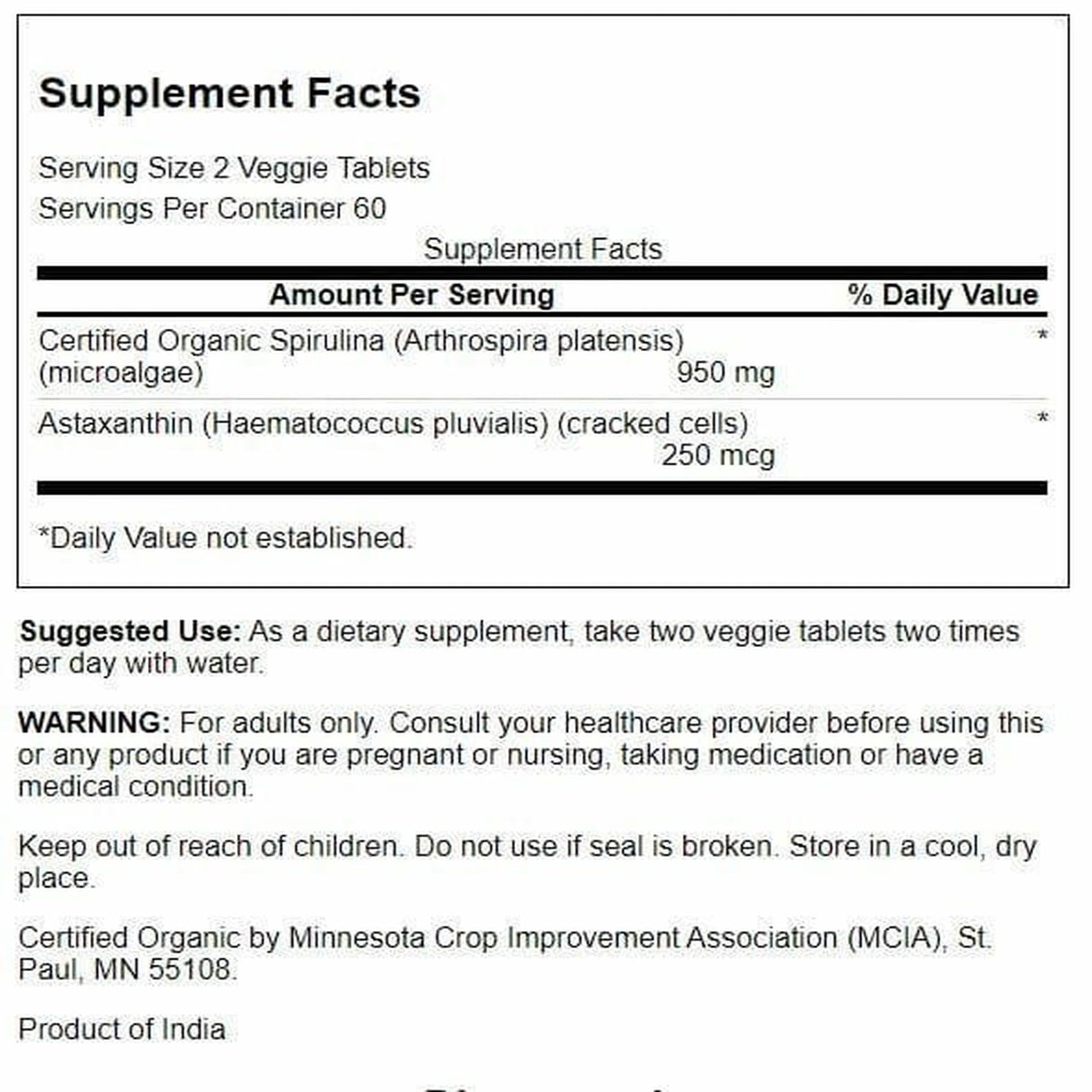 Spirulina & Astaxanthin Supplement Facts panel