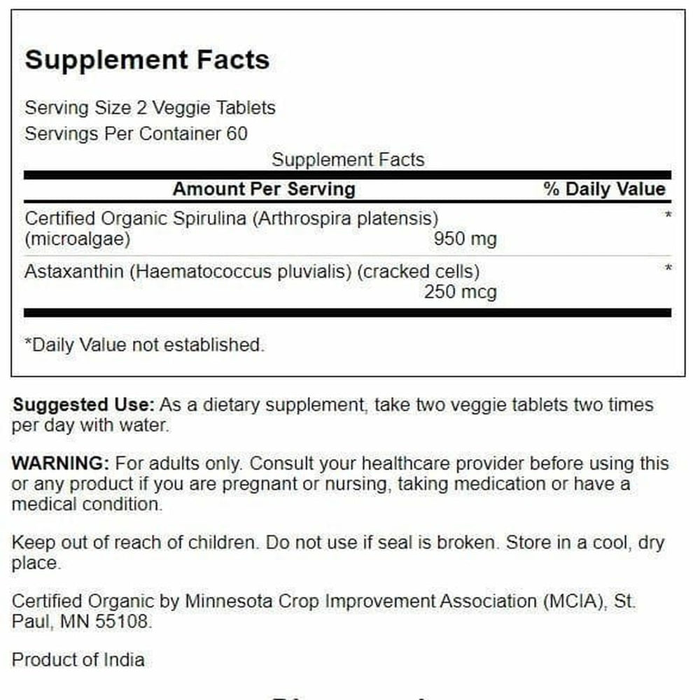 Spirulina & Astaxanthin Supplement Facts panel