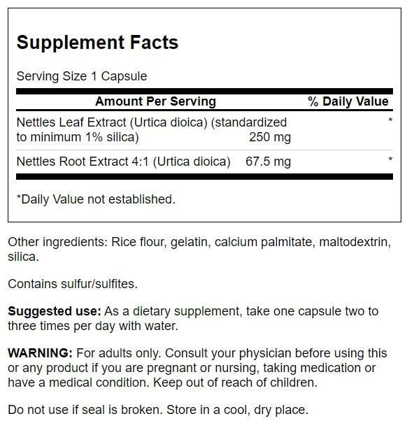 Close-up of Swanson Stinging Nettles capsules and packaging