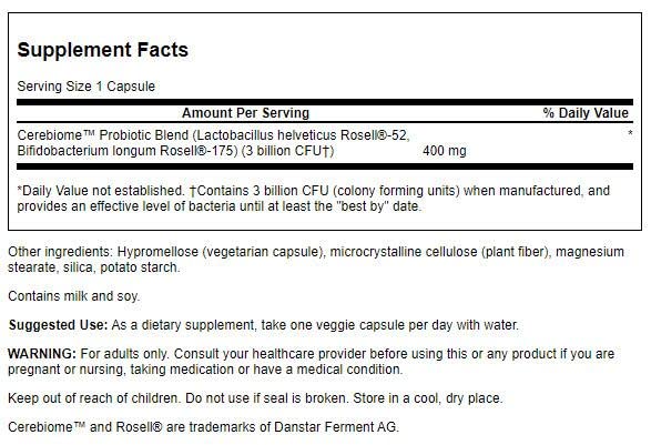 Close-up of Swanson Stress Support Probiotic capsules with Cerebiome label