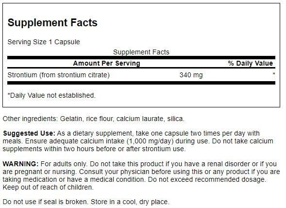 Close-up of Swanson Strontium Citrate 340 mg 60 capsules label - image 2