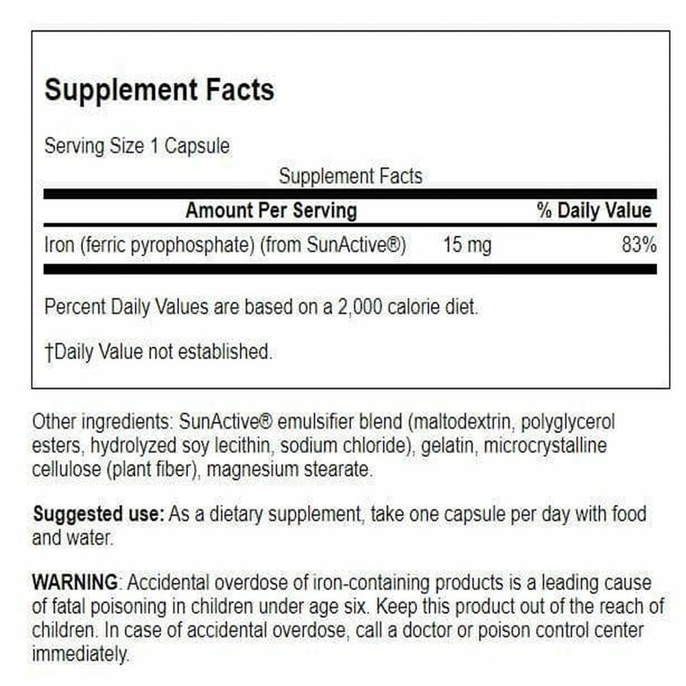 Front view of Swanson SunActive Iron 15 mg capsules
