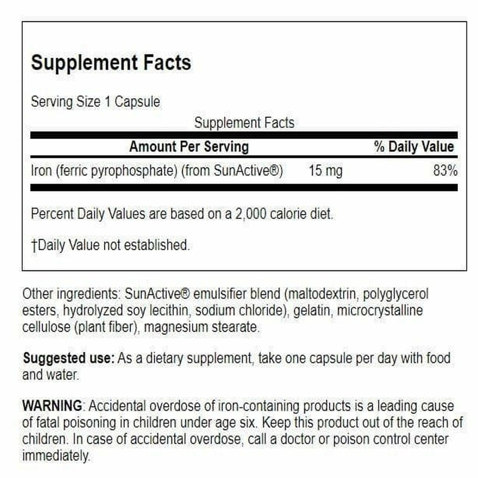 Close-up of Swanson Sunactive iron 15 mg capsules