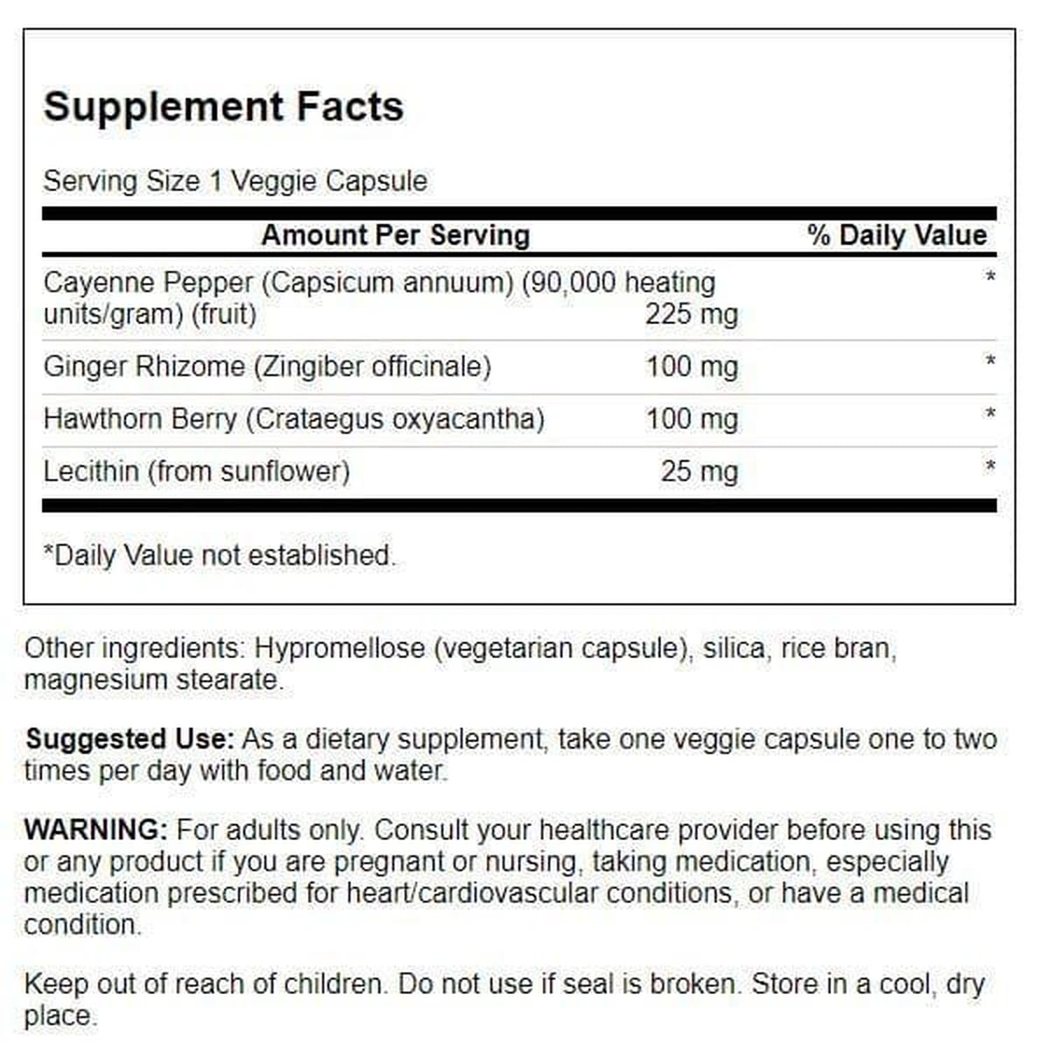 Ingredients: cayenne, ginger rhizome, hawthorn berry, lecithin
