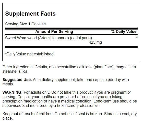 Swanson Sweet Wormwood capsules close-up showing 425 mg dosage.